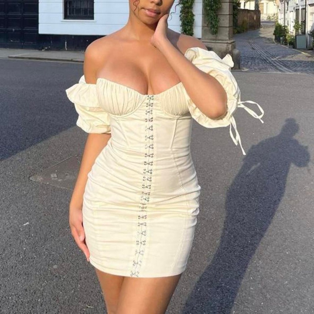 Oh Polly Secret Romance - Puff Sleeve Corset Mini Dress In Ivory, Size US 8